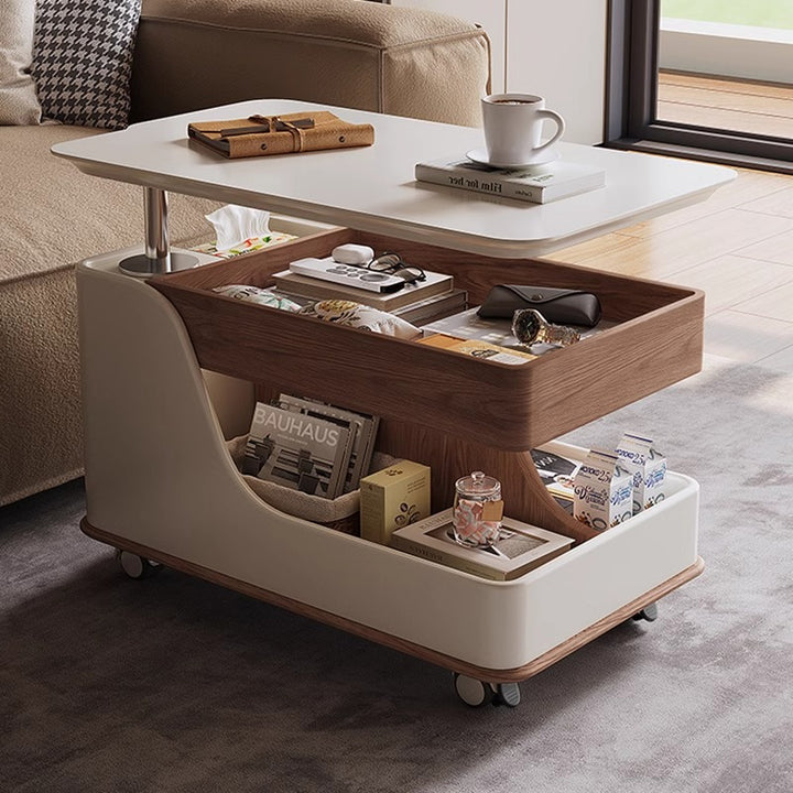 Table basse rectangulaire courbée à 3 niveaux avec plateau relevable, en pierre frittée contemporaine, verre, bois d&