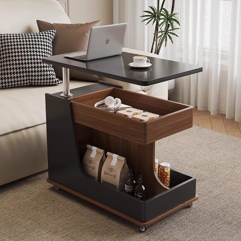 Table basse rectangulaire courbée à 3 niveaux avec plateau relevable, en pierre frittée contemporaine, verre, bois d&