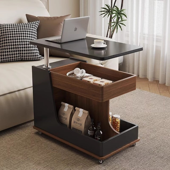 Table basse rectangulaire courbée à 3 niveaux avec plateau relevable, en pierre frittée contemporaine, verre, bois d&