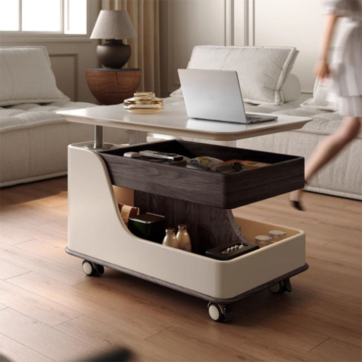 Table basse rectangulaire courbée à 3 niveaux avec plateau relevable, en pierre frittée contemporaine, verre, bois d'ingénierie et métal, pour salon 