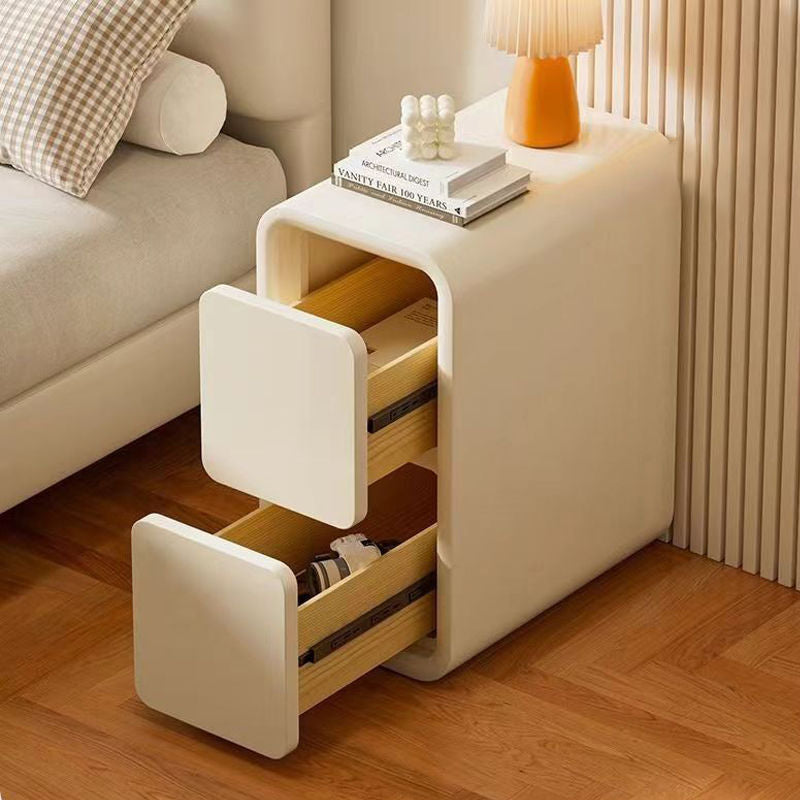Table de chevet moderne minimaliste en MDF imitation cuir, rectangulaire arrondi, à 2 tiroirs, pour chambre à coucher 