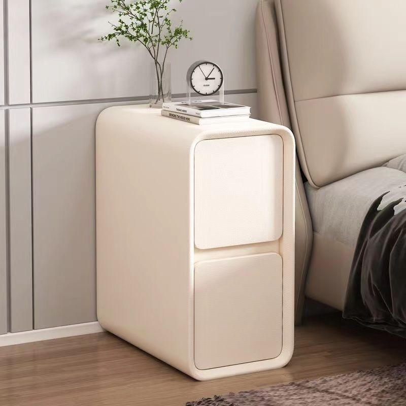 Table de chevet moderne minimaliste en MDF imitation cuir, rectangulaire arrondi, à 2 tiroirs, pour chambre à coucher 