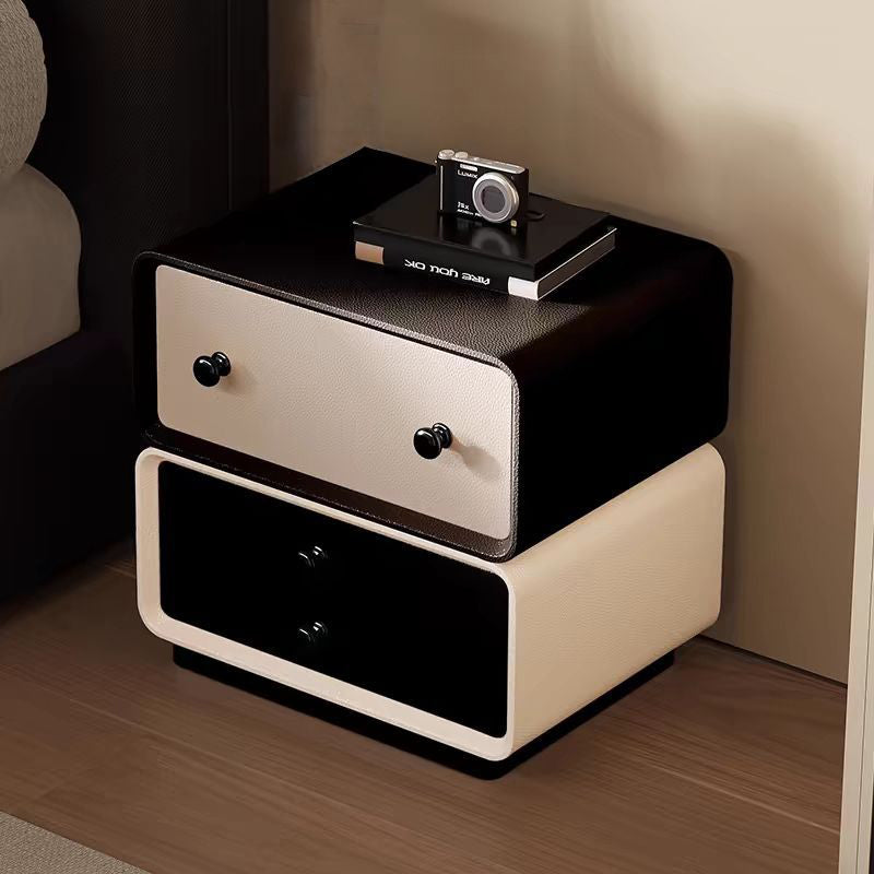 Mesita de noche cuadrada redondeada de madera maciza creativa contemporánea con cuero de microfibra de 2 cajones para dormitorio 