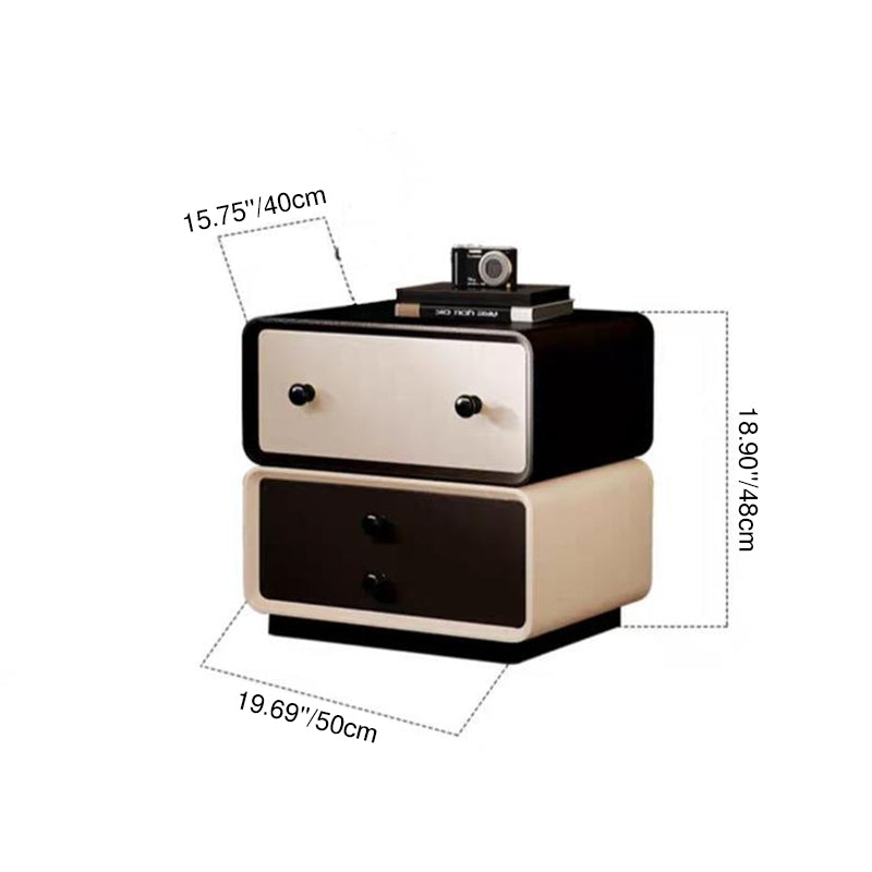 Mesita de noche cuadrada redondeada de madera maciza creativa contemporánea con cuero de microfibra de 2 cajones para dormitorio 