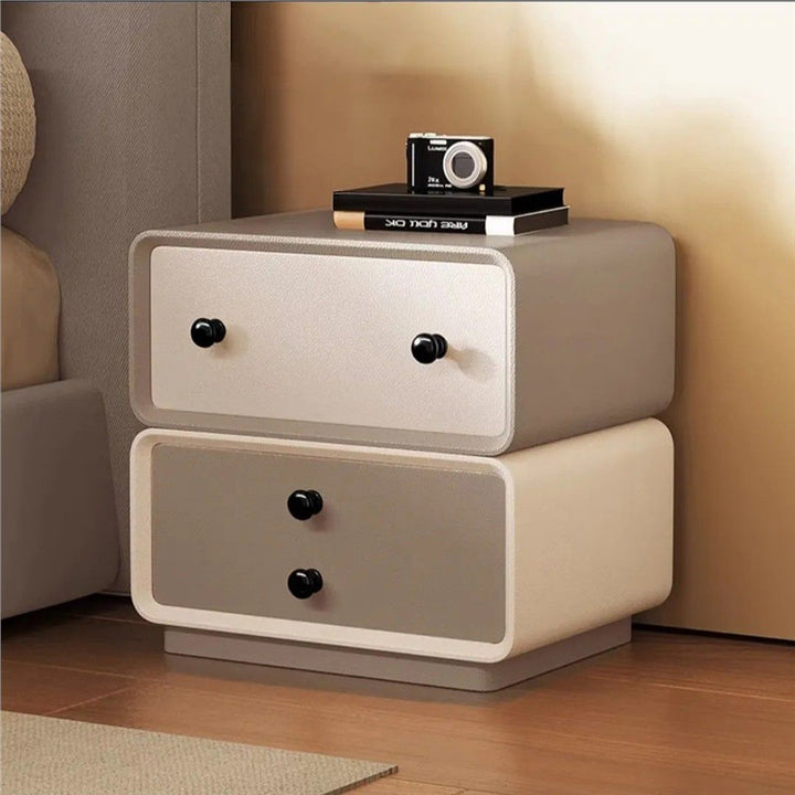 Mesita de noche cuadrada redondeada de madera maciza creativa contemporánea con cuero de microfibra de 2 cajones para dormitorio 