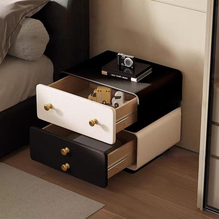 Mesita de noche cuadrada redondeada de madera maciza creativa contemporánea con cuero de microfibra de 2 cajones para dormitorio 