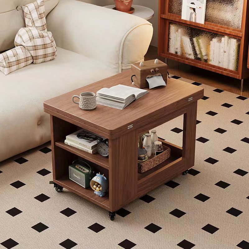 Traditional Chinese Rubberwood Mobile Rectangular Coffee Table 3-Tier For Living Room