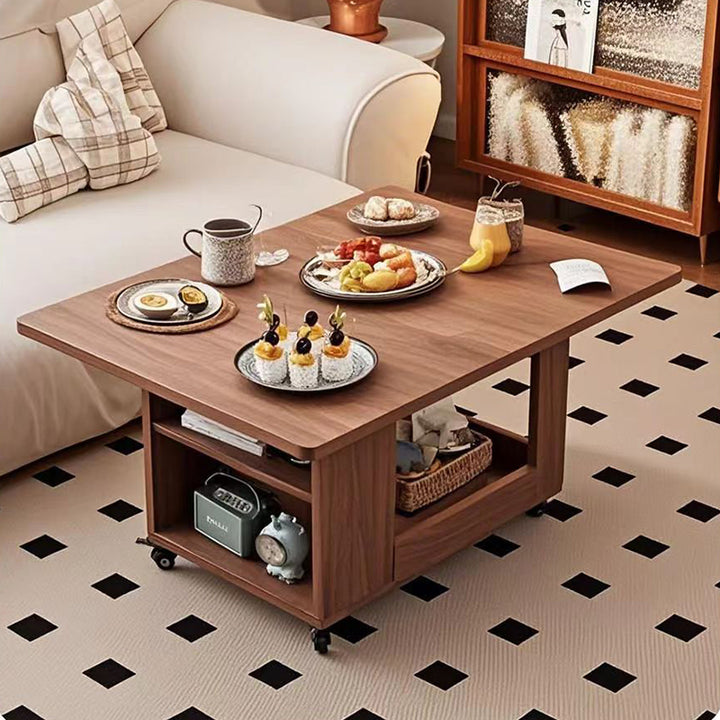 Traditional Chinese Rubberwood Mobile Rectangular Coffee Table 3-Tier For Living Room