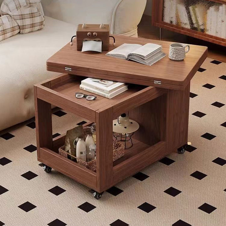 Traditional Chinese Rubberwood Mobile Rectangular Coffee Table 3-Tier For Living Room