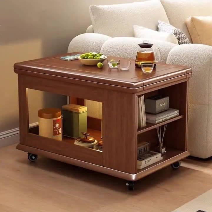Traditional Chinese Rubberwood Mobile Rectangular Coffee Table 3-Tier For Living Room