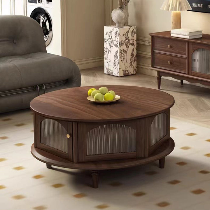Traditional Japanese Black Walnut Glass Round Roman-Column Coffee Table 1-Tier For Living Room