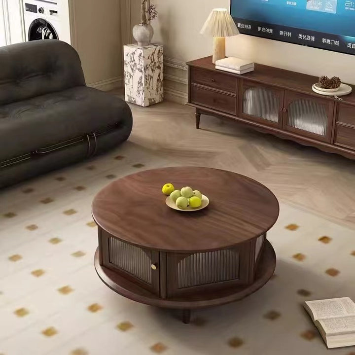 Traditioneller japanischer runder Couchtisch aus schwarzem Walnussholz mit römischen Säulen und einer Ebene für das Wohnzimmer 