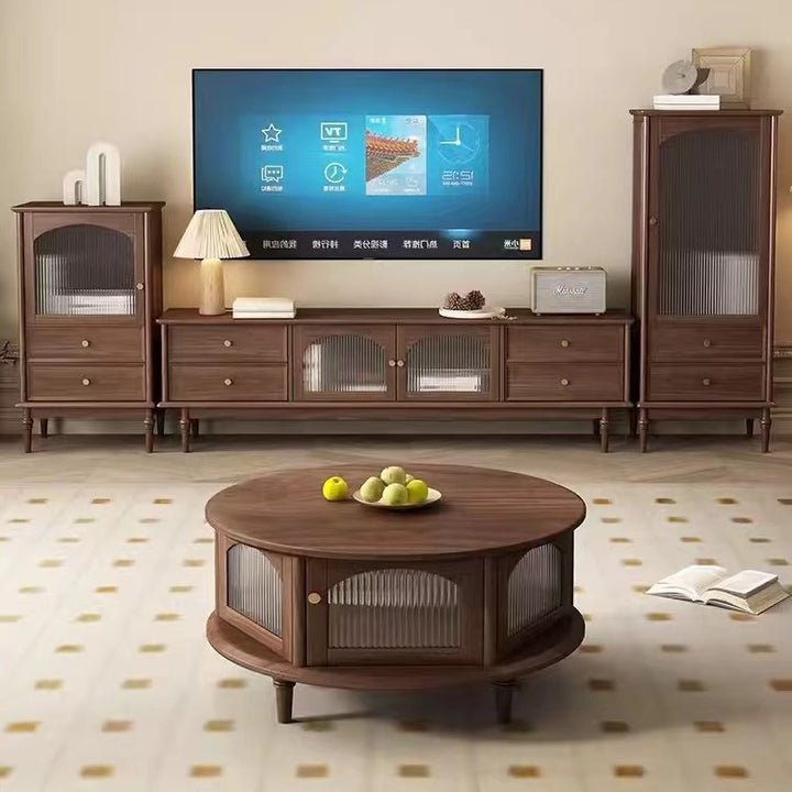 Traditioneller japanischer runder Couchtisch aus schwarzem Walnussholz mit römischen Säulen und einer Ebene für das Wohnzimmer 