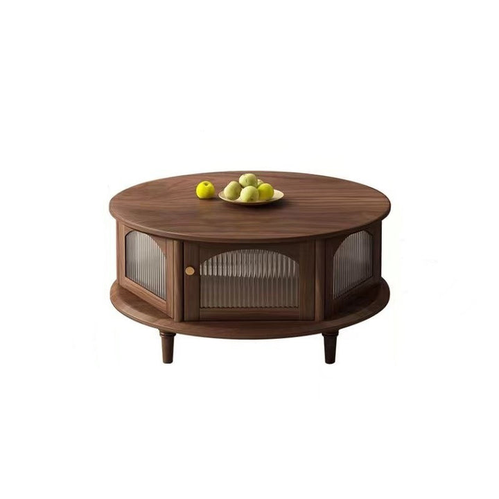 Traditioneller japanischer runder Couchtisch aus schwarzem Walnussholz mit römischen Säulen und einer Ebene für das Wohnzimmer 
