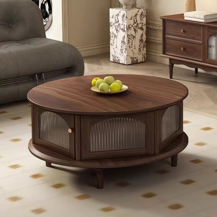 Traditioneller japanischer runder Couchtisch aus schwarzem Walnussholz mit römischen Säulen und einer Ebene für das Wohnzimmer 