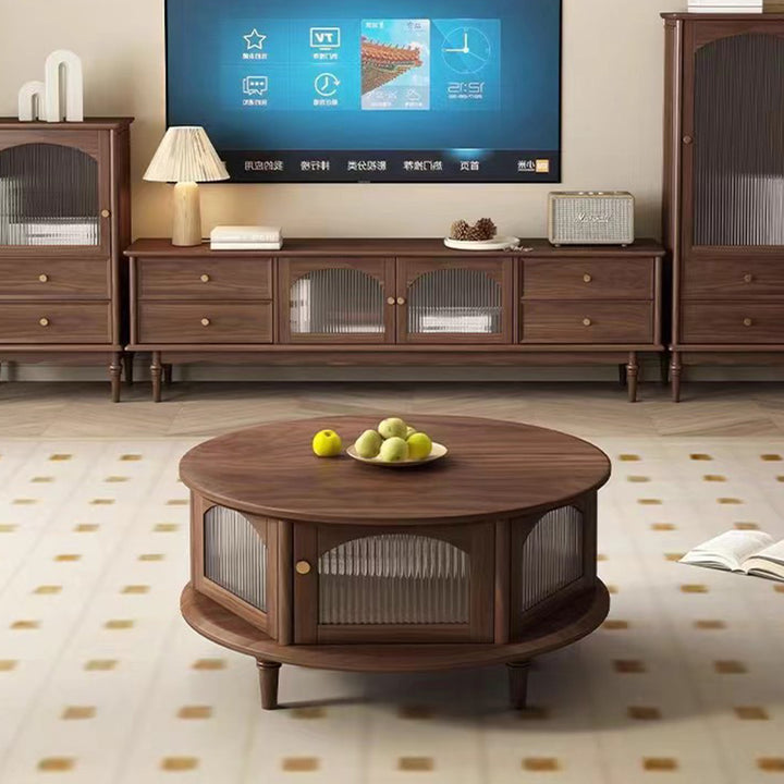 Traditioneller japanischer runder Couchtisch aus schwarzem Walnussholz mit römischen Säulen und einer Ebene für das Wohnzimmer 