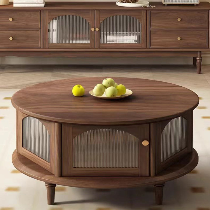 Traditioneller japanischer runder Couchtisch aus schwarzem Walnussholz mit römischen Säulen und einer Ebene für das Wohnzimmer 