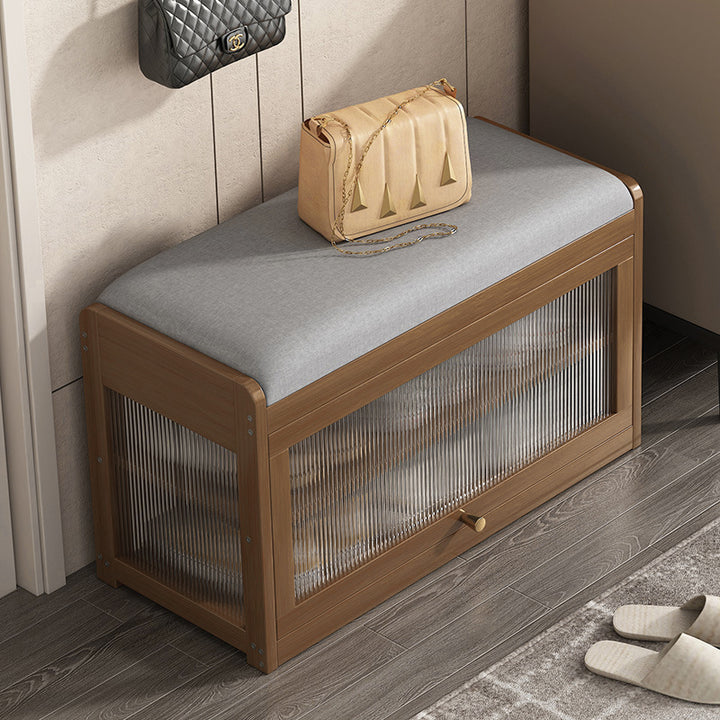 Traditionelle Vintage-Stoff Bambus MDF Acryl Rechteckige Schuhbank 2-stufiger Eingangssitz für Wohnzimmer 