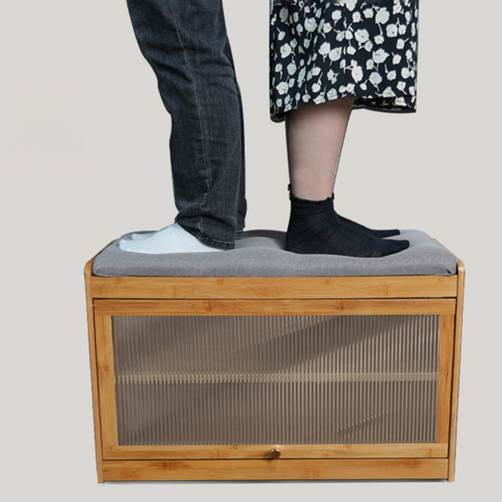 Banc à chaussures rectangulaire à 2 niveaux en tissu vintage traditionnel, bambou, MDF et acrylique, pour entrée et salon 