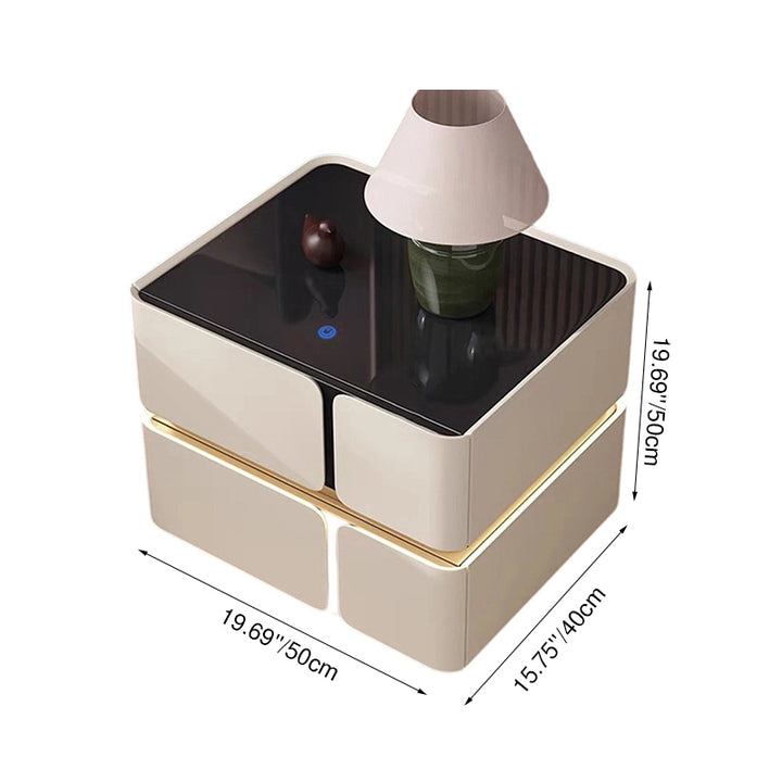 Moderner Luxus-Glas-Konstruktionsholz-Massivholz-Mikrofaser-Leder-Quadrat-Nachttisch mit 2 Schubladen für das Schlafzimmer 