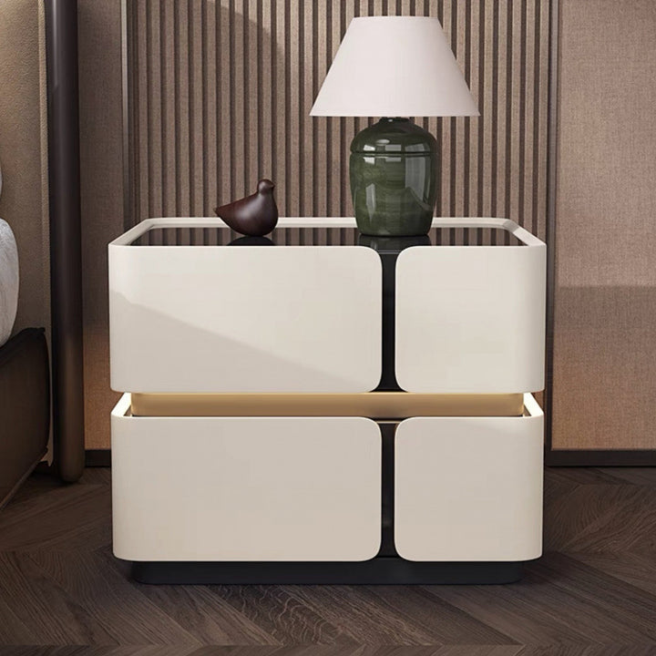 Moderner Luxus-Glas-Konstruktionsholz-Massivholz-Mikrofaser-Leder-Quadrat-Nachttisch mit 2 Schubladen für das Schlafzimmer 