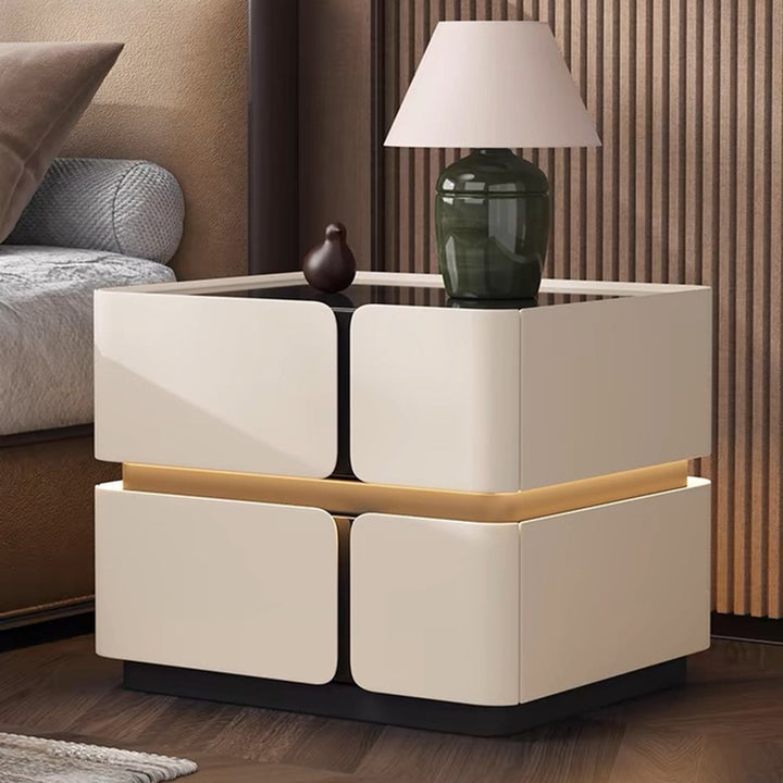 Moderner Luxus-Glas-Konstruktionsholz-Massivholz-Mikrofaser-Leder-Quadrat-Nachttisch mit 2 Schubladen für das Schlafzimmer 