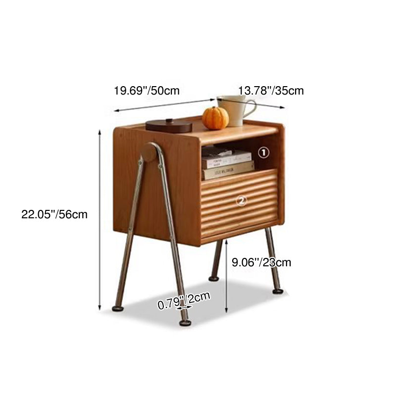Traditional Vintage Pine Stainless Steel Wavy V-Frame Square Nightstand 1-Drawer For Bedroom