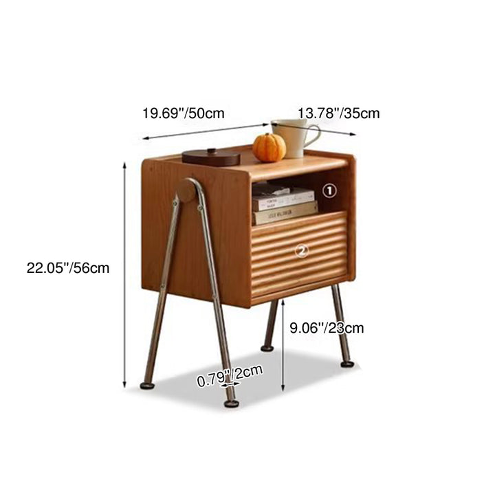 Traditional Vintage Pine Stainless Steel Wavy V-Frame Square Nightstand 1-Drawer For Bedroom