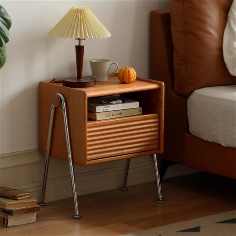 Traditional Vintage Pine Stainless Steel Wavy V-Frame Square Nightstand 1-Drawer For Bedroom