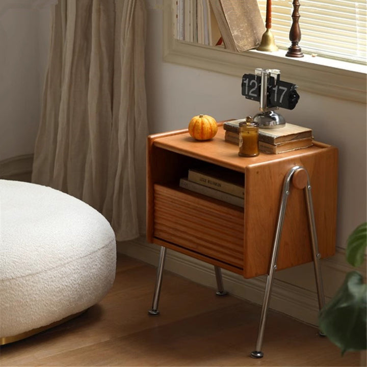 Traditional Vintage Pine Stainless Steel Wavy V-Frame Square Nightstand 1-Drawer For Bedroom