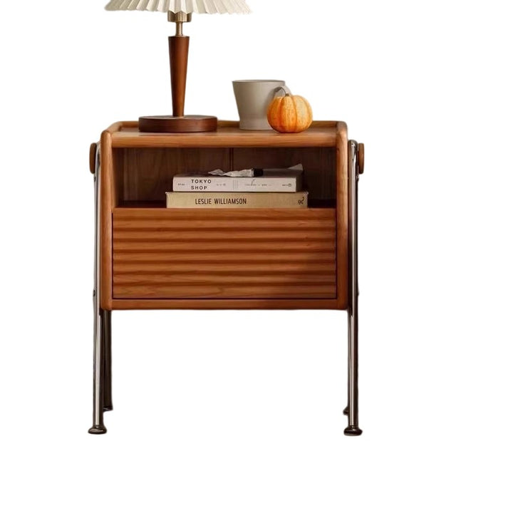 Traditional Vintage Pine Stainless Steel Wavy V-Frame Square Nightstand 1-Drawer For Bedroom
