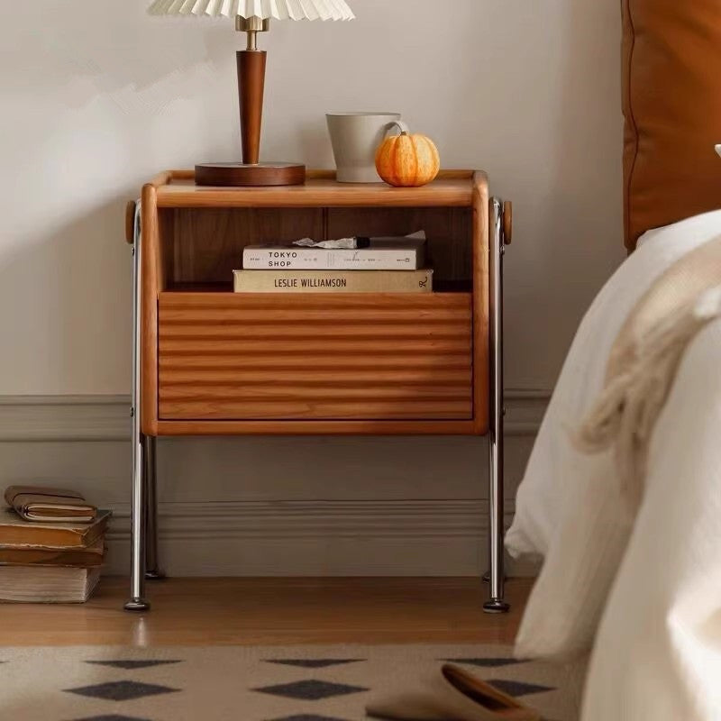 Traditional Vintage Pine Stainless Steel Wavy V-Frame Square Nightstand 1-Drawer For Bedroom