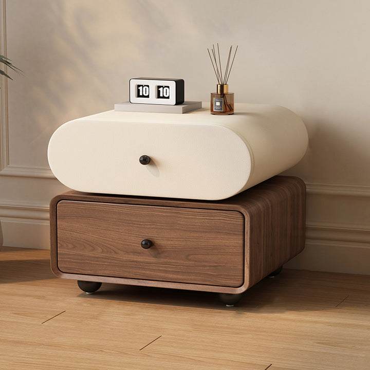Contemporary Scandinavian Pine Cat-Scratch-Resistant Leather Oval Square Ball Nightstand 2-Drawer For Bedroom