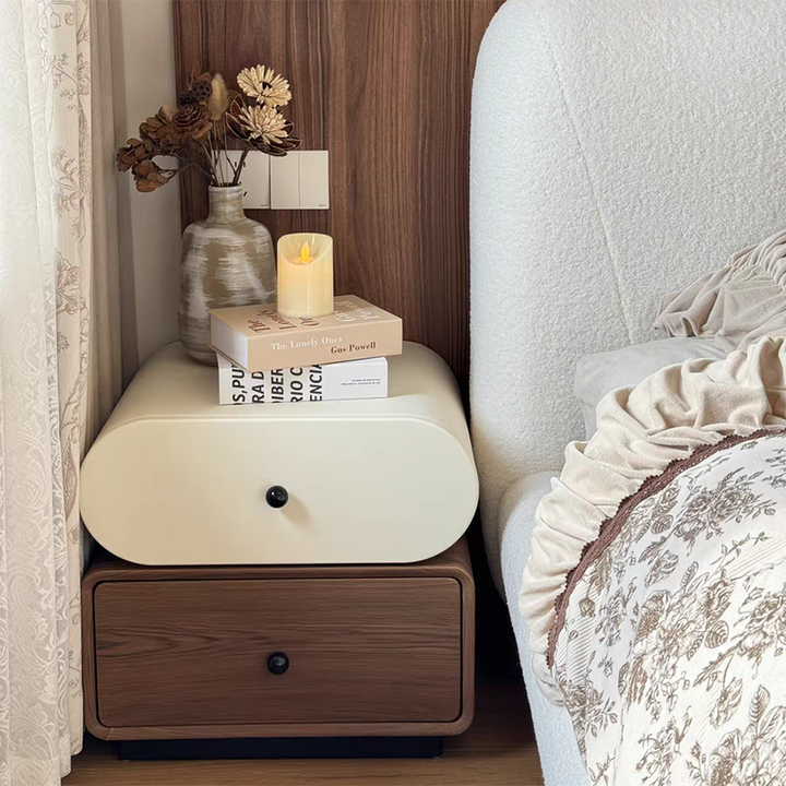 Contemporary Scandinavian Pine Cat-Scratch-Resistant Leather Oval Square Ball Nightstand 2-Drawer For Bedroom