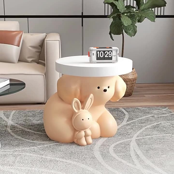 Modern Art Deco Resin Dog & Rabbit-Shaped Round End Table With 1-Tier For Living Room