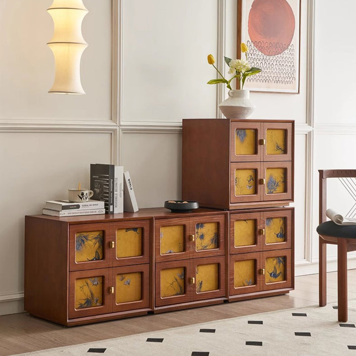 Traditional Chinese Solid Wood Hardware Square Patterned Nightstand With 2 Drawers For Bedroom