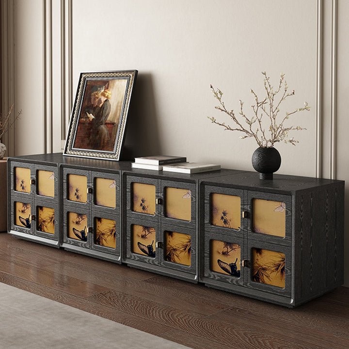 Traditional Chinese Solid Wood Hardware Square Patterned Nightstand With 2 Drawers For Bedroom