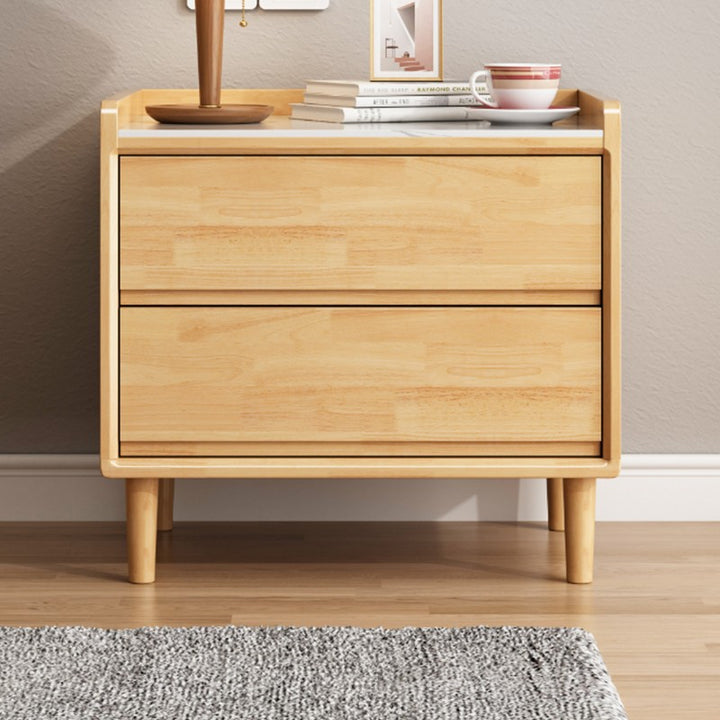 Traditional Chinese Solid Wood Sintered Stone Metal Square-Cylinder Nightstand With 2 Drawers For Bedroom