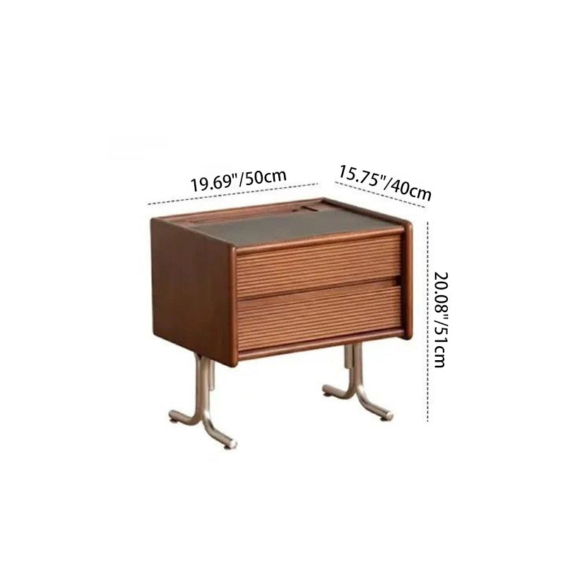 Traditional Chinese Pine Stainless Steel Sintered Stone Wavy Square Nightstand With 2-Drawer For Bedroom