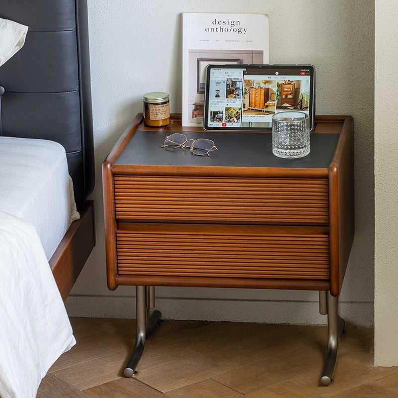 Traditional Chinese Pine Stainless Steel Sintered Stone Wavy Square Nightstand With 2-Drawer For Bedroom