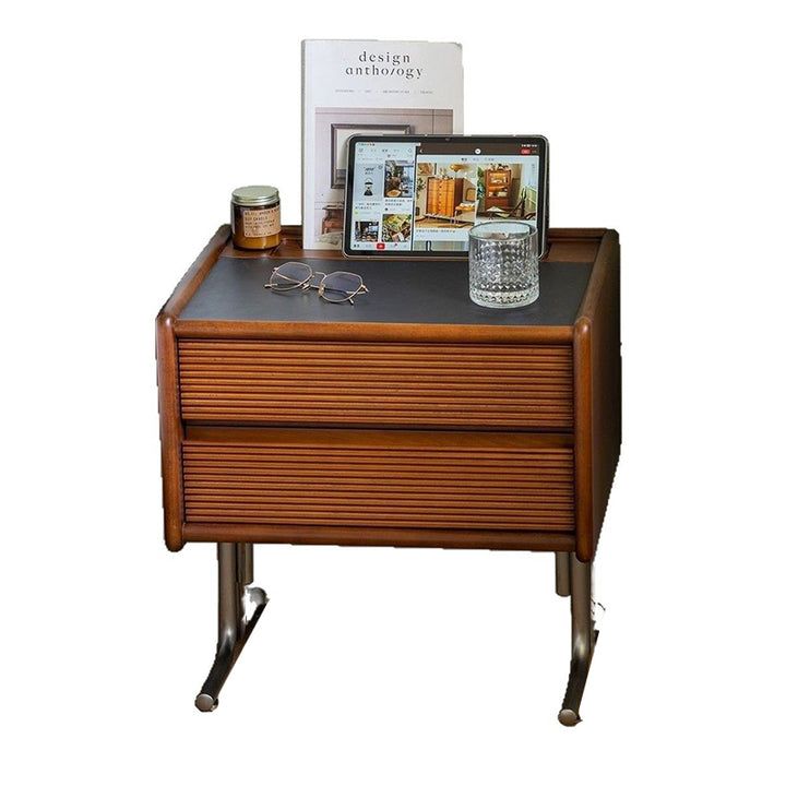 Traditional Chinese Pine Stainless Steel Sintered Stone Wavy Square Nightstand With 2-Drawer For Bedroom