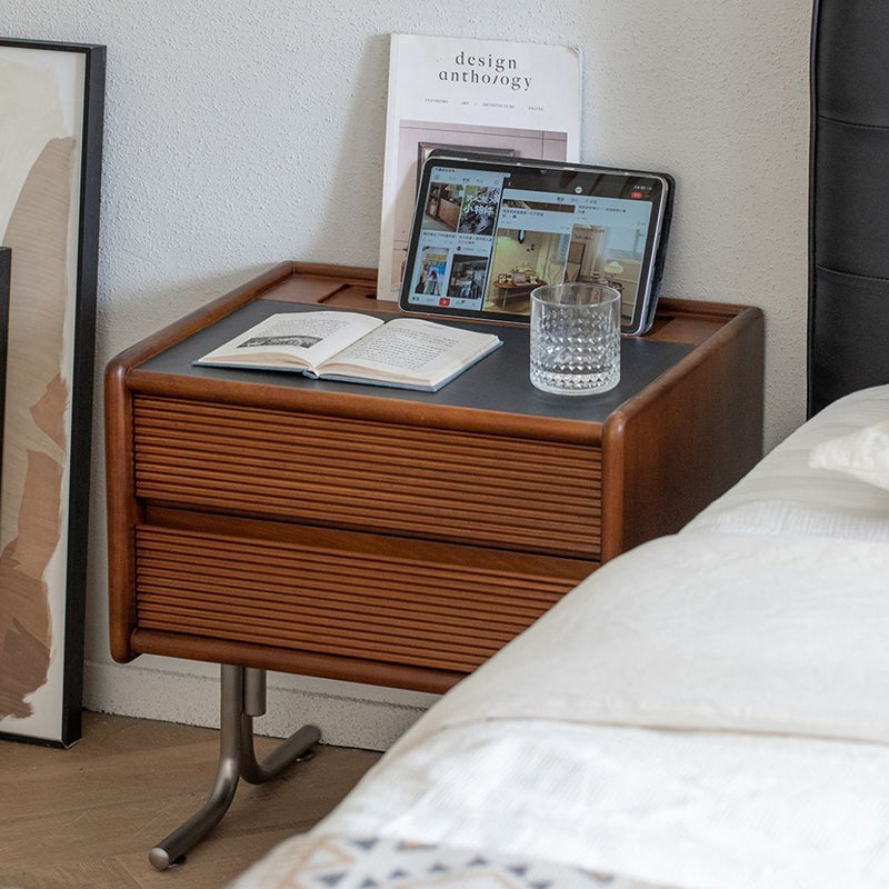 Traditional Chinese Pine Stainless Steel Sintered Stone Wavy Square Nightstand With 2-Drawer For Bedroom
