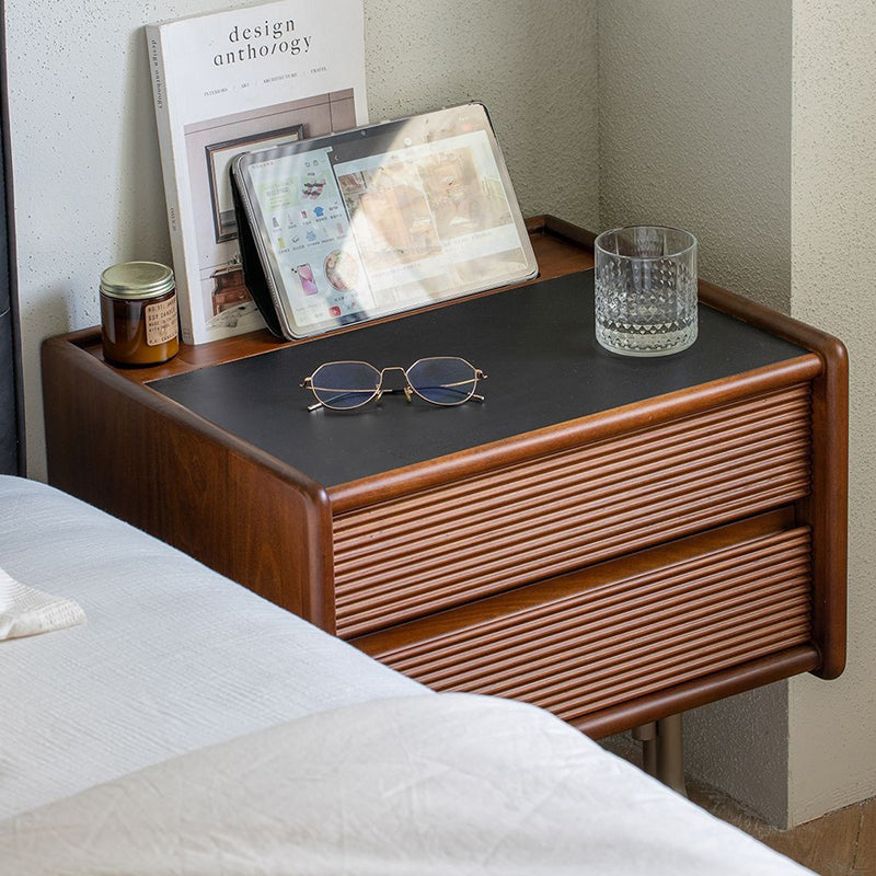 Traditional Chinese Pine Stainless Steel Sintered Stone Wavy Square Nightstand With 2-Drawer For Bedroom