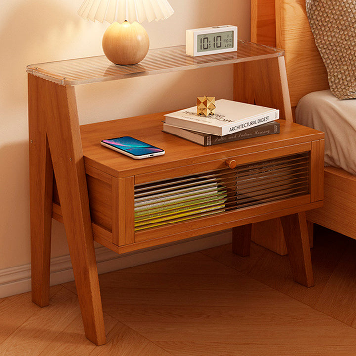 Traditional Vintage Glass Bamboo Rectangular Nightstand 2-Tier For Bedroom