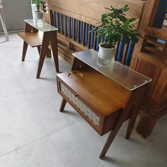 Mesita de noche rectangular de bambú de vidrio vintage tradicional de 2 niveles para dormitorio 