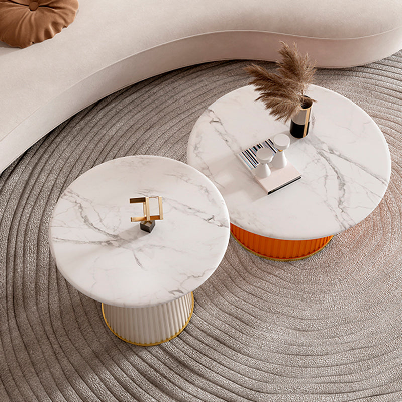 Contemporary Scandinavian Sintered Stone Metal Plywood Round Cylindrical Coffee Table 1-Tier For Living Room