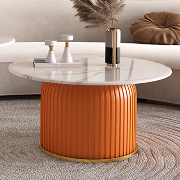 Contemporary Scandinavian Sintered Stone Metal Plywood Round Cylindrical Coffee Table 1-Tier For Living Room