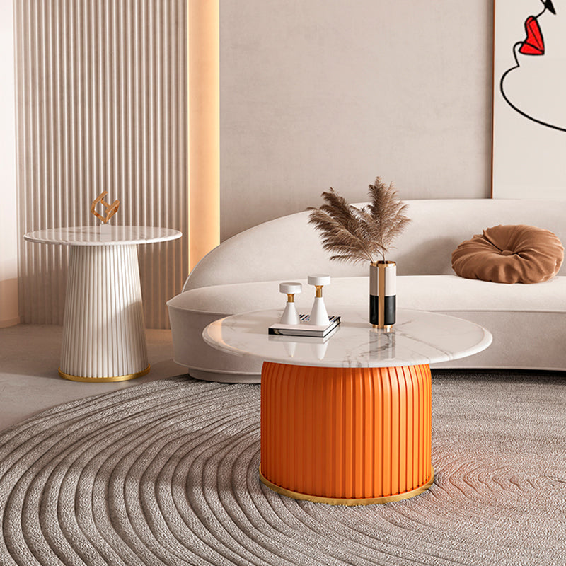 Contemporary Scandinavian Sintered Stone Metal Plywood Round Cylindrical Coffee Table 1-Tier For Living Room