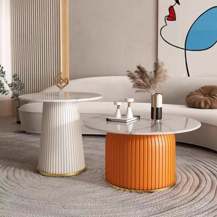 Contemporary Scandinavian Sintered Stone Metal Plywood Round Cylindrical Coffee Table 1-Tier For Living Room