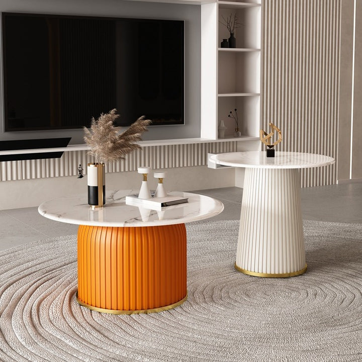 Contemporary Scandinavian Sintered Stone Metal Plywood Round Cylindrical Coffee Table 1-Tier For Living Room